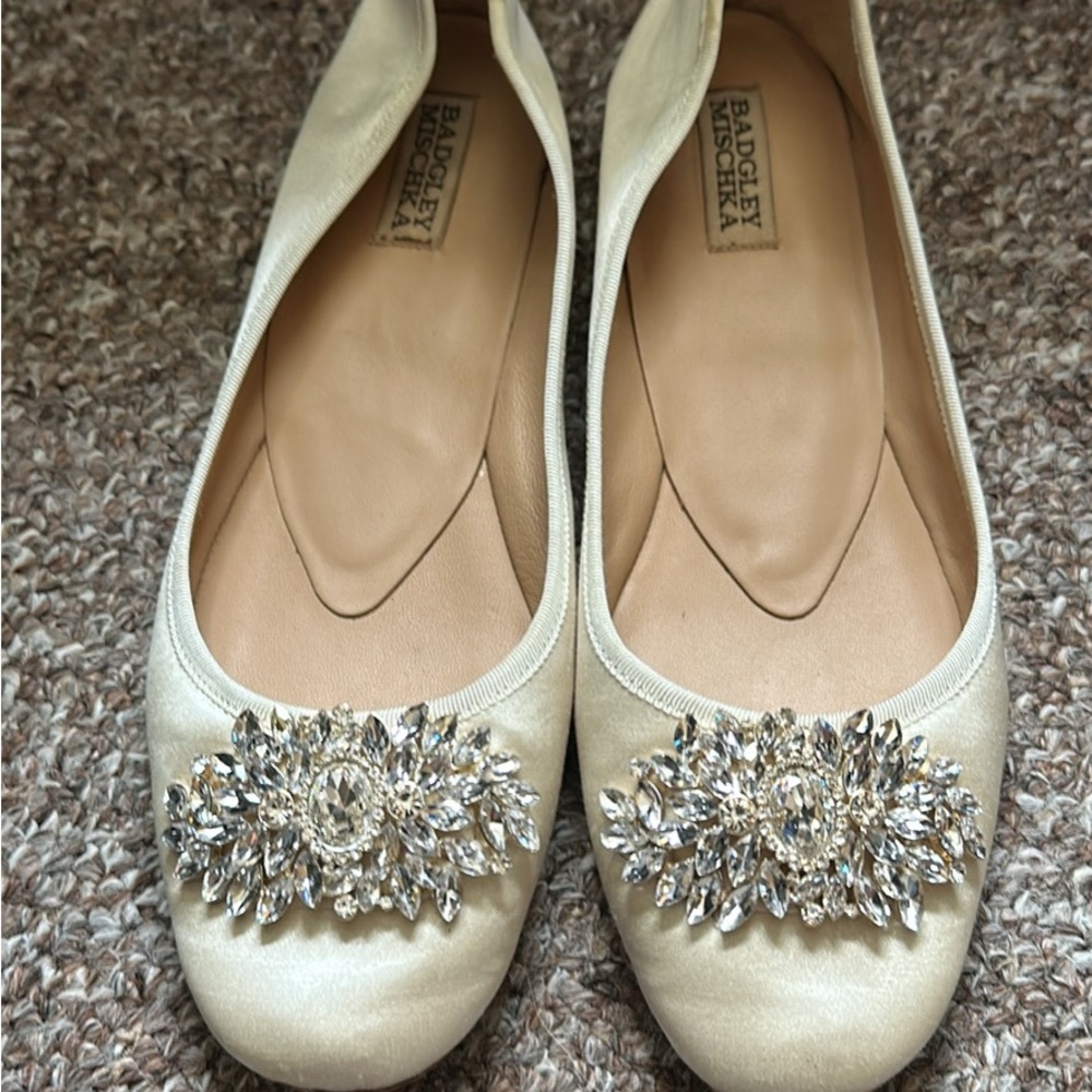 Badgley Mischka Pippa Ivory Flats with Crystal Accents
